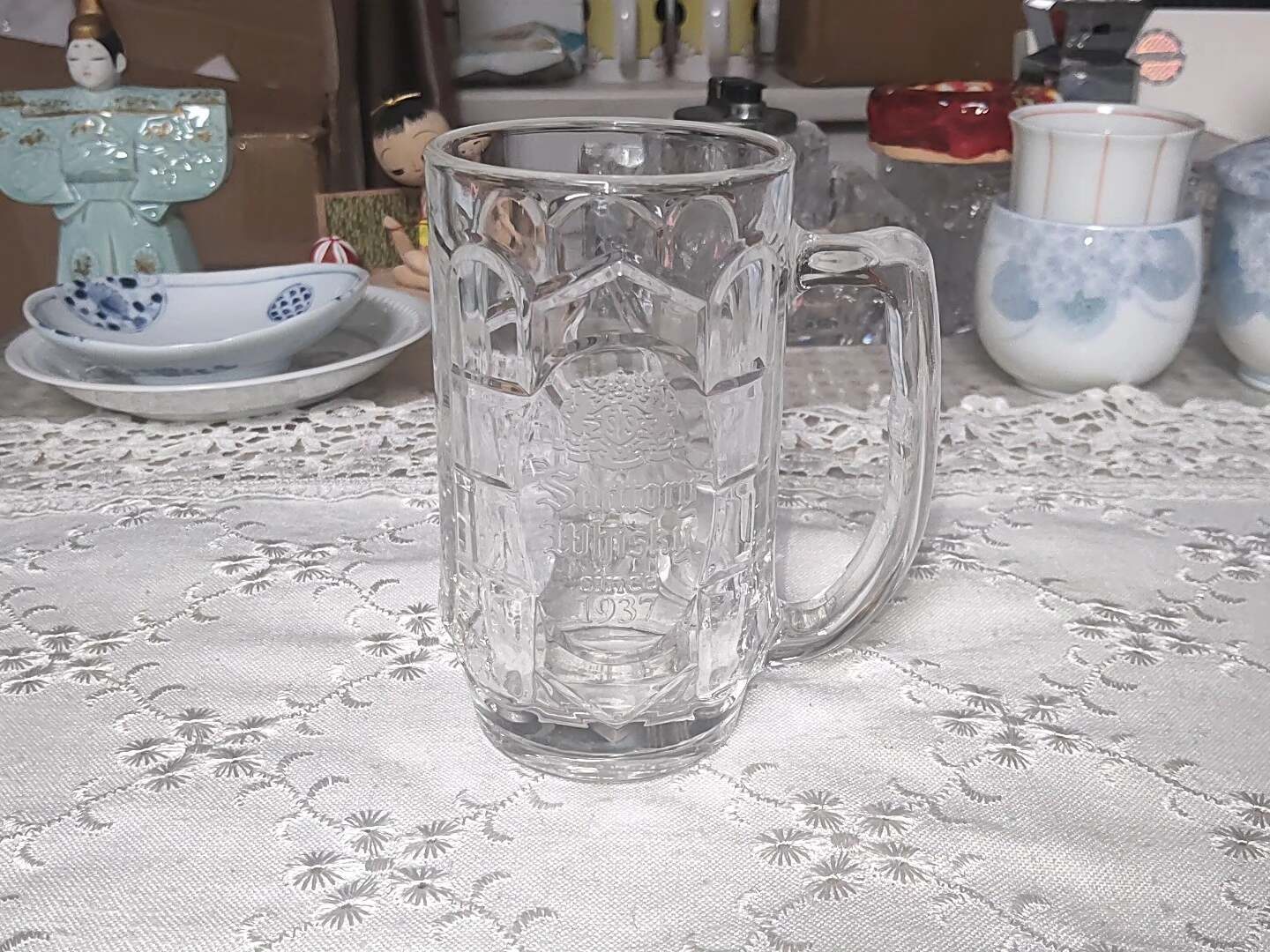 日本SUNTORY三得利水晶啤酒杯 中古北海道進口水杯 日瓷收藏350ml 全品無瑕 6.1cm口徑 17.5cm高