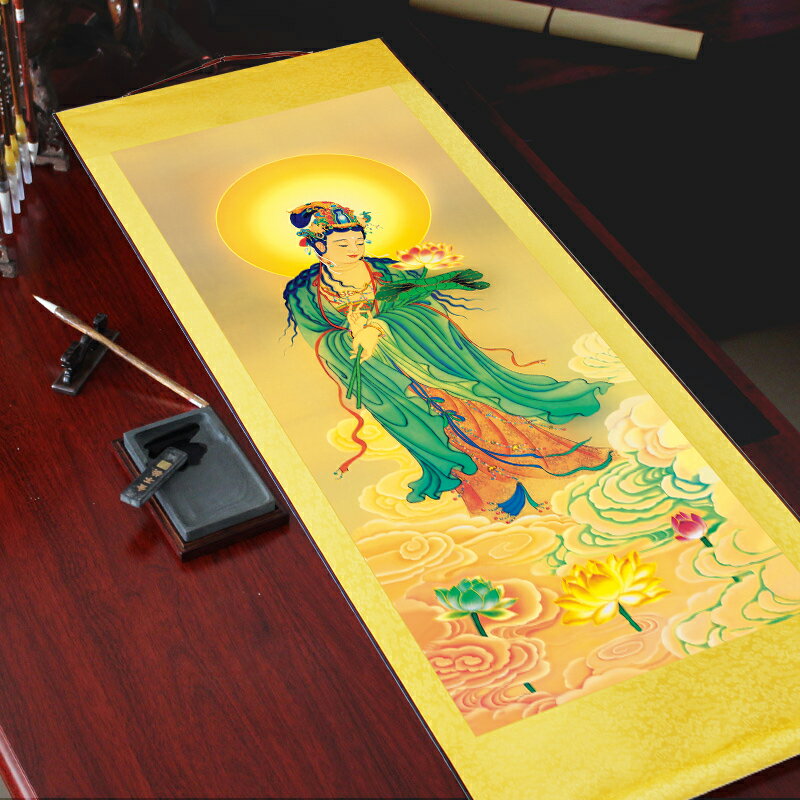 佛畫 國畫阿彌陀佛西方三圣卷軸掛畫觀世音菩薩佛像畫像佛堂供奉絲綢畫【HZ63387】