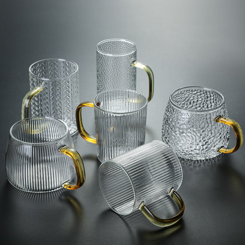 日式豎條筋錘紋家用玻璃水杯子透明創意耐高溫高硼硅帶把手馬克杯