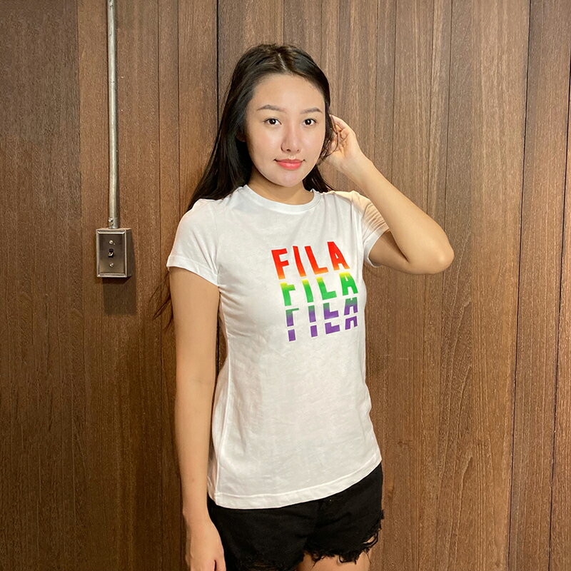 美國百分百【全新真品】 FILA 短袖 T恤 T-shirt 運動潮流 女 腰身 漸層 圓領 logo 白色 BF32