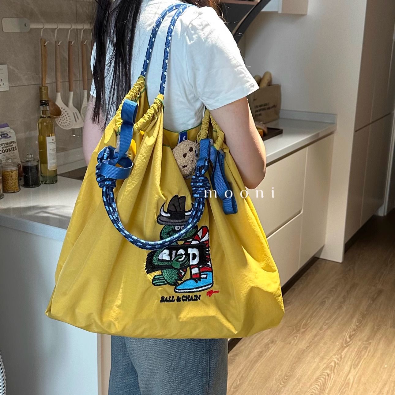 免運 購物袋 日系Ball Chain高圓圓同款貓頭鷹刺繡購物袋尼龍環保袋手提斜挎包 快速出貨