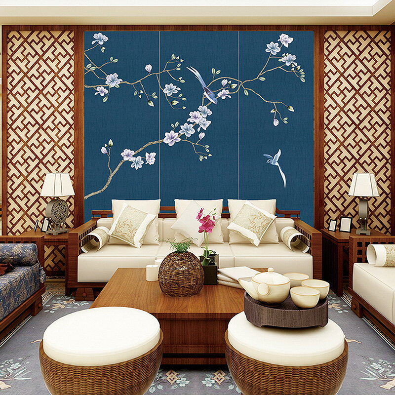 新中式獨秀墻布無縫花鳥樹山水現代高檔刺繡壁布客廳玄關壁畫