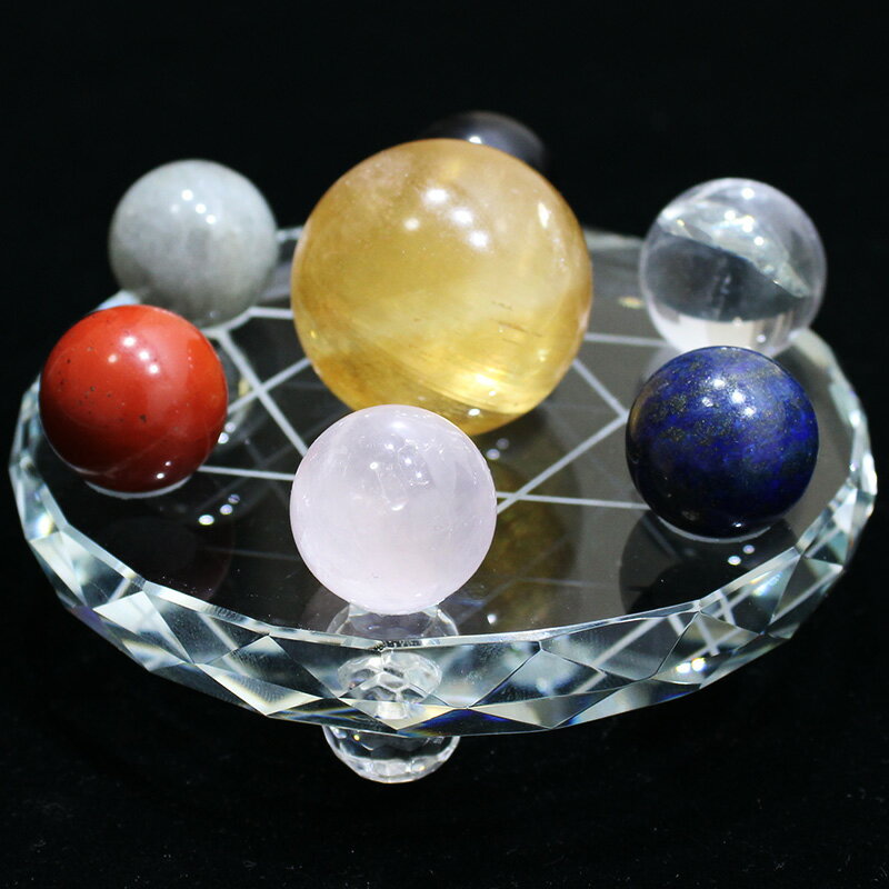 天然水晶七星陣擺件七彩球桌面飾物裝飾礦物晶體玻璃底盤