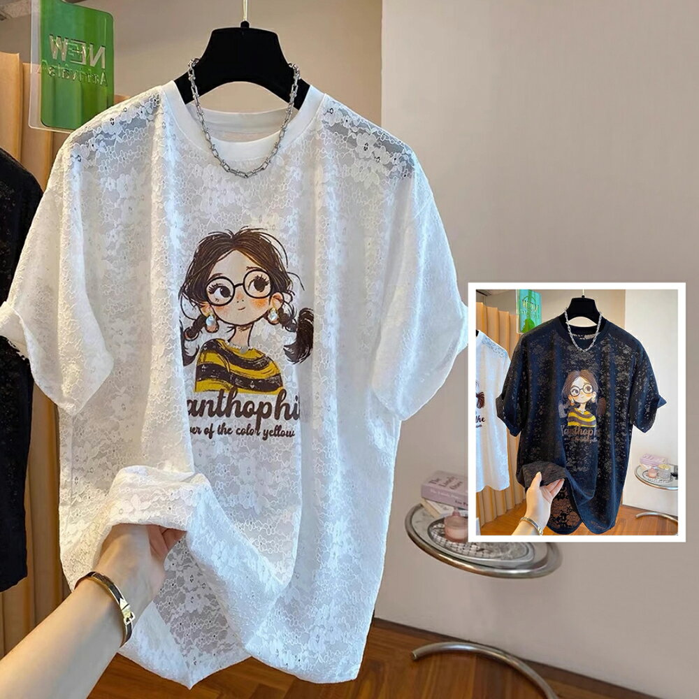 ＊ORead＊印花蕾絲短袖T恤上衣(2色M~4XL)