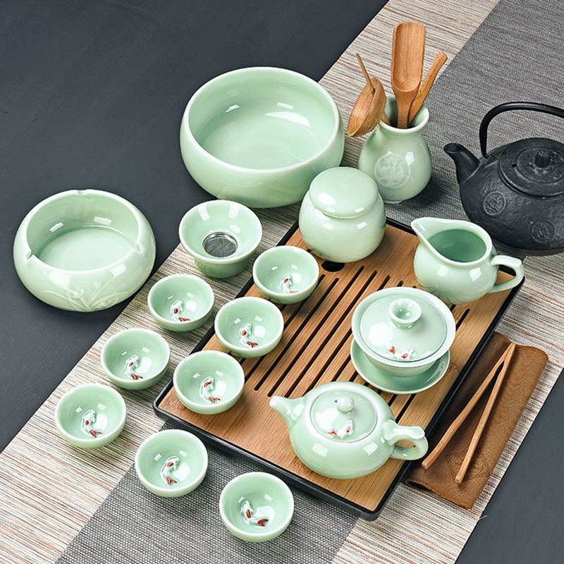 青瓷收納包功夫茶具套裝簡約魚陶瓷蓋碗茶壺旅行套裝茶盤家用整套