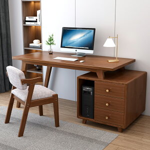 書桌 ● 全實木 書桌書櫃 一體 現代簡約 寫字桌臺式電腦桌轉角辦公桌原木