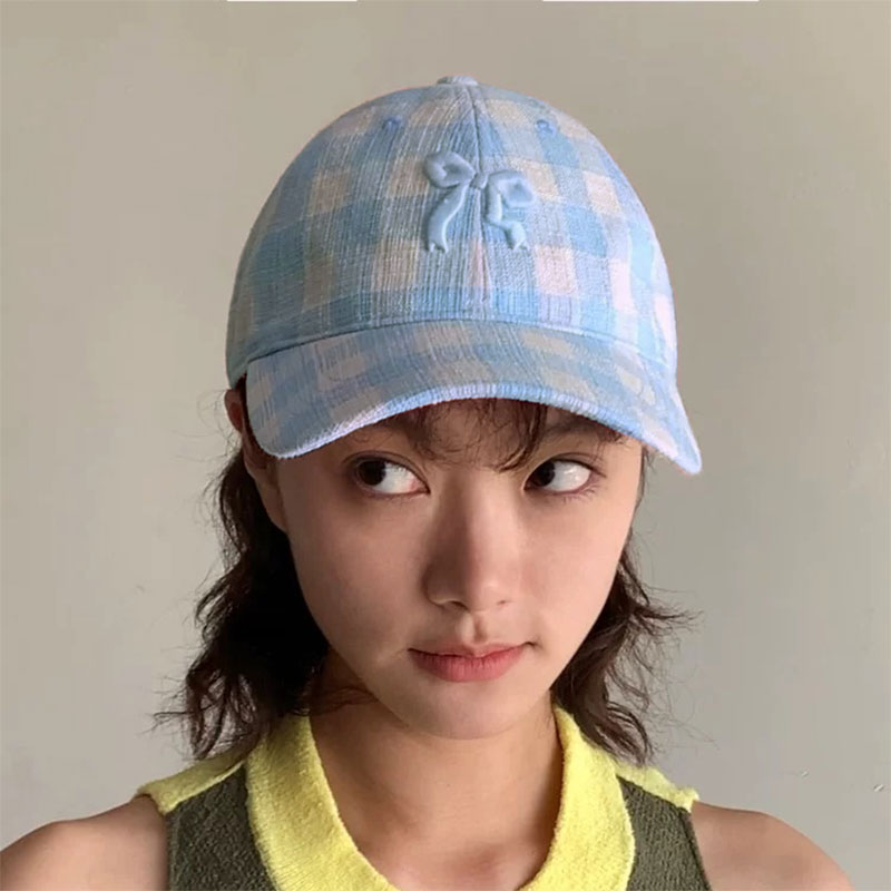 ANNAS 韓國格子蝴蝶鴨舌帽 蝴蝶結帽子 蝴蝶結棒球帽 刺繡蝴蝶結帽 粉色帽子 水藍色帽子