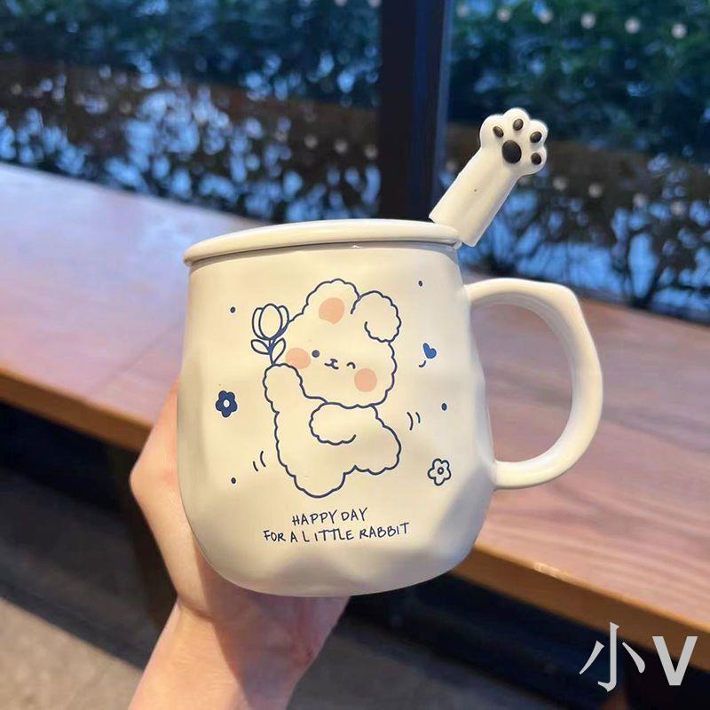 小V 馬克杯帶蓋帶勺子呆萌杯子陶瓷女學生韓版可愛水杯家用早餐咖啡杯