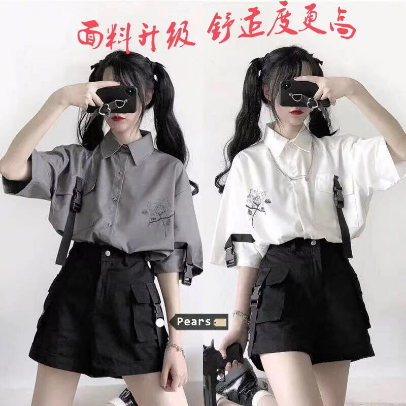 單/時尚套裝寬松新款短袖襯衫+闊腿工裝套裝BF風夏季時尚女學生裝