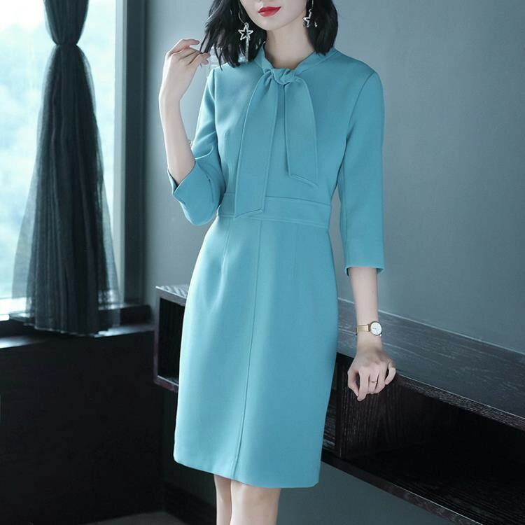 OL職業洋裝 2019秋季新款簡約氣質優雅系帶收腰顯瘦藍色七分袖洋裝女TA2449