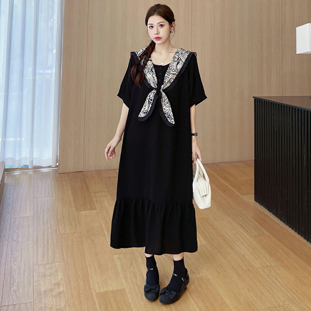 ＊ORead＊棉麻拼接碎花領連身裙(黑色L~3XL)