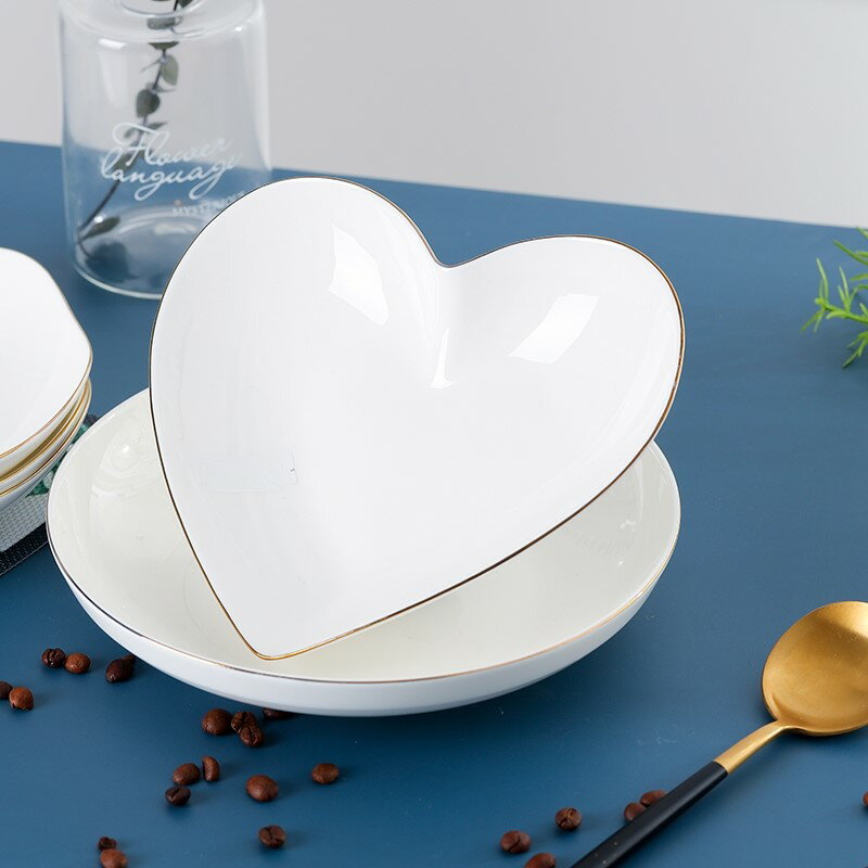 ,盤子金邊家用陶瓷白色菜盤菜碟魚盤簡約創意心形盤餐具套裝可微