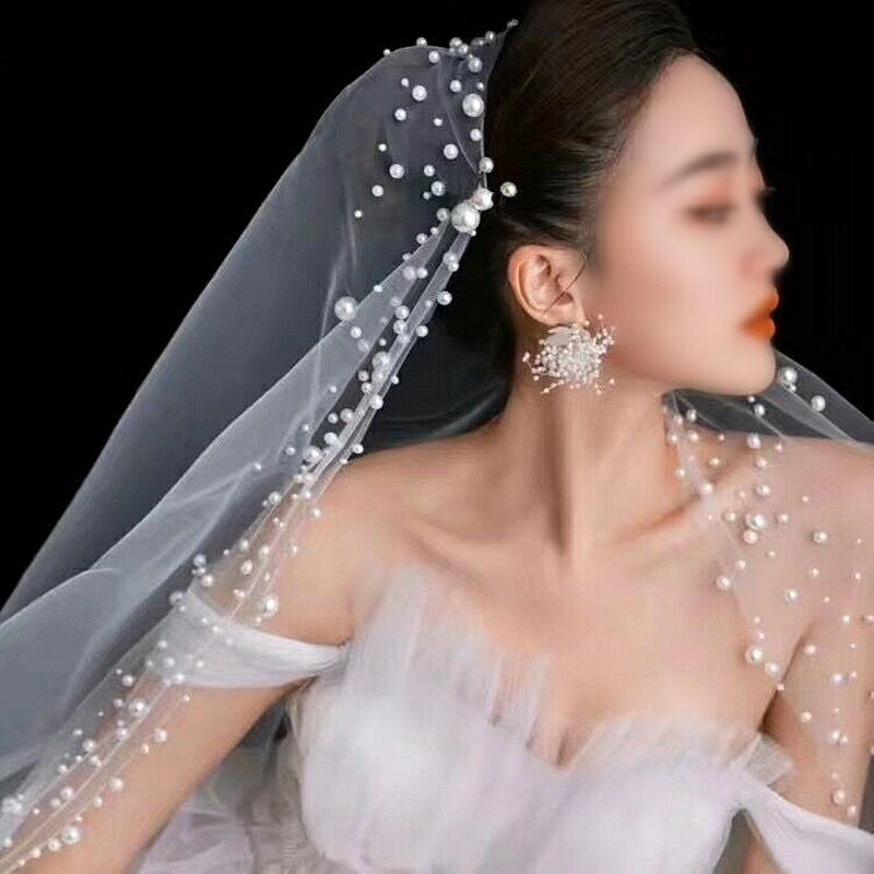 新款復古珍珠高端新娘結婚長款超仙婚禮頭紗單層婚紗拍照頭飾