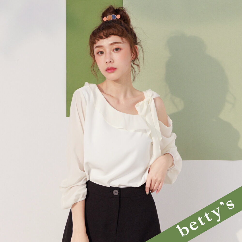 betty’s貝蒂思 雪紡斜肩綁帶荷葉領上衣(白色)