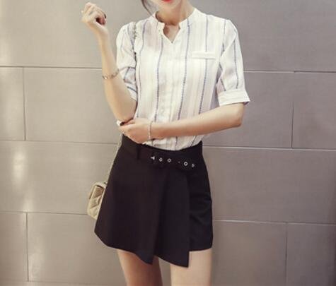FINDSENSE MD 韓國時尚 女 寬鬆 小V領條紋 五分袖 中袖 OL 簡約休閒上衣 襯衫