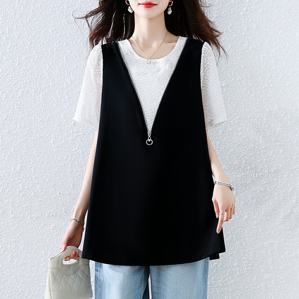 ＊ORead＊假兩件時尚泡泡袖蝴蝶結上衣(黑色L~5XL)