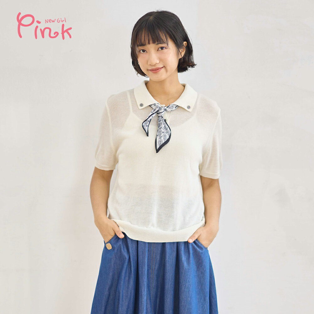 Pink* 翻領絲巾透氣針織上衣 (2色) Z1405BD