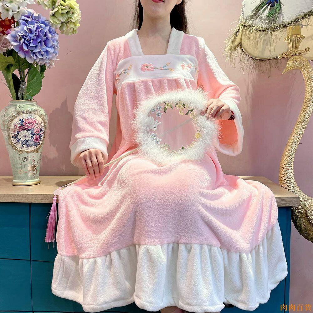 睡衣 加絨 少女風可愛甜美睡衣睡裙秋冬宮廷款加厚寬松保暖可外穿大碼家居服睡袍珊瑚絨睡衣 法蘭絨 睡裙冬天保暖居家大碼睡衣