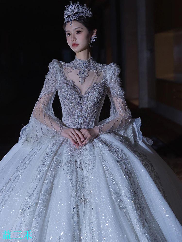 法式婚紗禮服2024新款新娘高階質感重工奢華拖尾宮廷風主紗遮手臂-益三禾