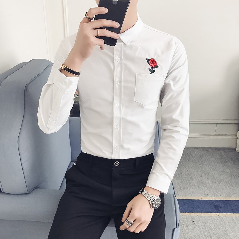 FINDSENSE H1 2018 夏季 新款 玫瑰刺繡圖案 立領 修身 長袖白色襯衫 休閒 潮流男上衣