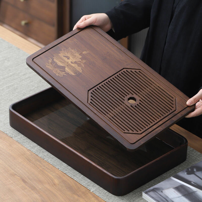 免運開發票 茶盤 竹茶盤家用新款簡易實木茶具幹泡小型儲水式帶排水小茶臺託盤兩用-快速出貨