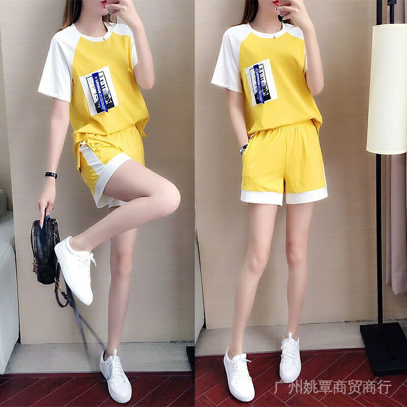 單件/套裝夏季新款韓版大尺碼學生短袖短褲休閒時尚減齡運動兩件套