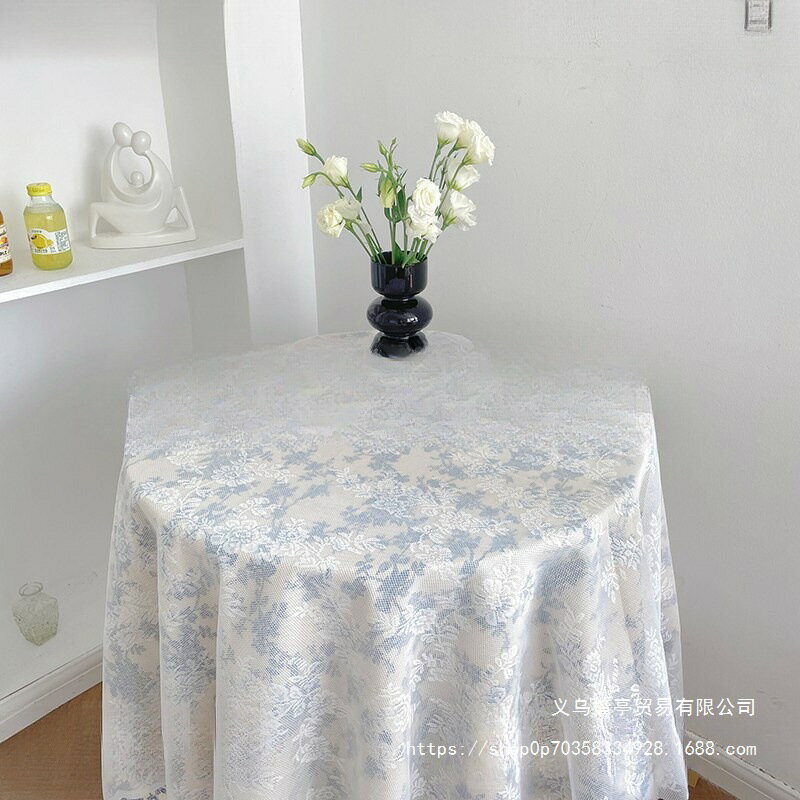 ins簡約田園藍色碎花蕾絲桌布拍照背景布戶外野餐棉麻布茶壘德株