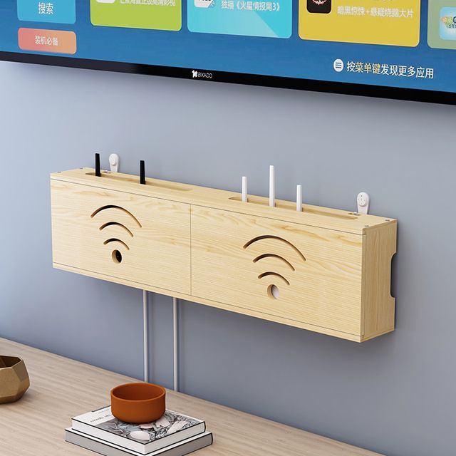 路由器收納盒實木壁掛墻上wifi機頂盒電視線插座插排置物架免打孔
