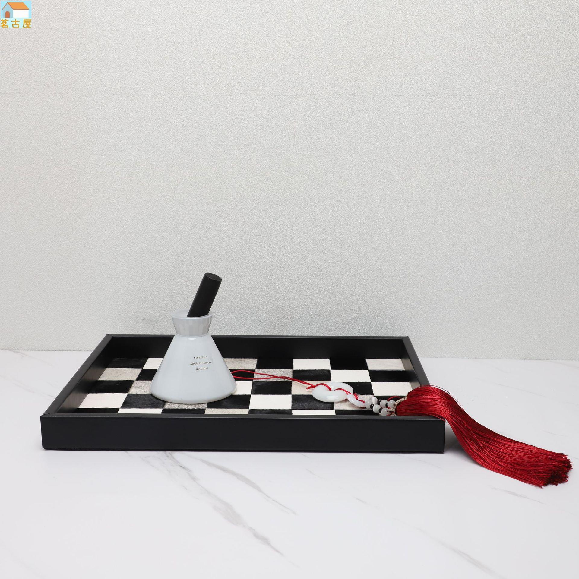 現代簡約創意黑白棋盤格馬毛裝飾收納托盤客廳家居樣板房飾品擺件