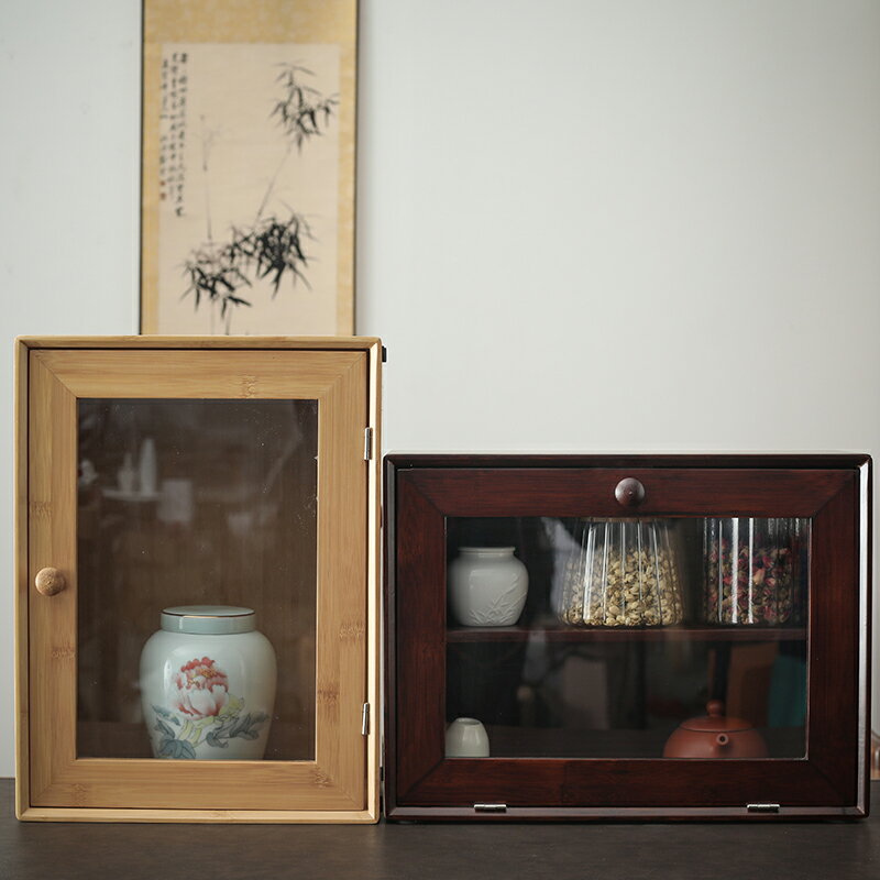 茶桌復古風收納盒竹制單開門存儲柜家用茶具展示柜茶道茶壺置物架