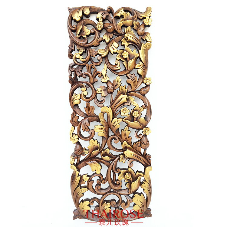 泰國柚木雕花板 花卉35*90cm長方形 泰北玫瑰圖案全1入