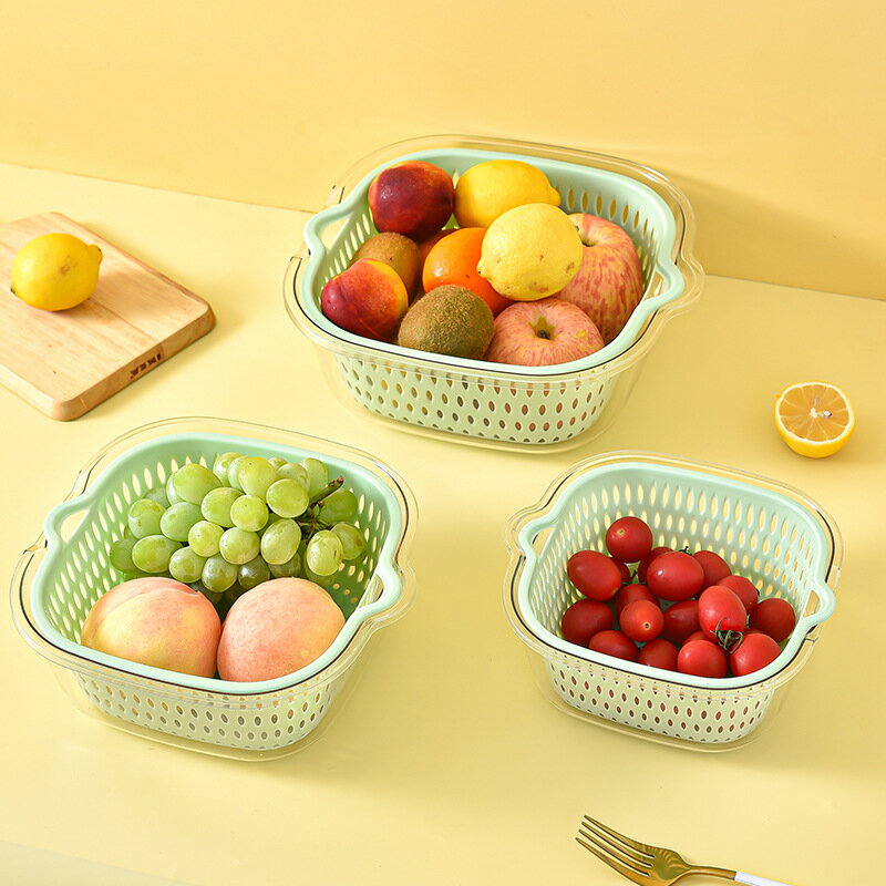 洗水果瀝水籃客廳水果收納籃廚房洗菜神器雙層透明塑料家用洗菜盆