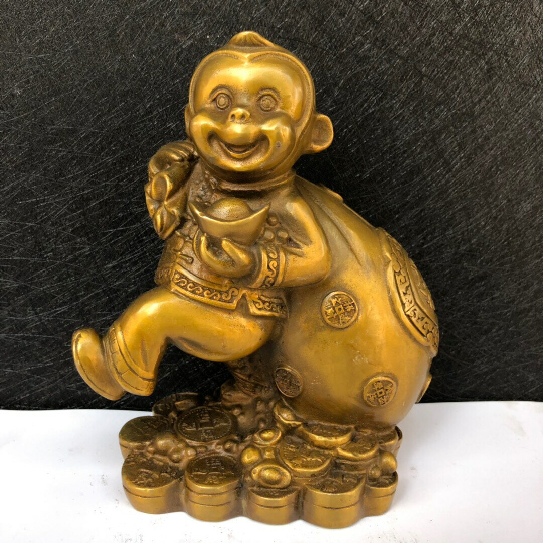 開光純銅猴子擺件風水猴吉祥物 十二生肖猴擺設銅猴擺件背錢袋猴