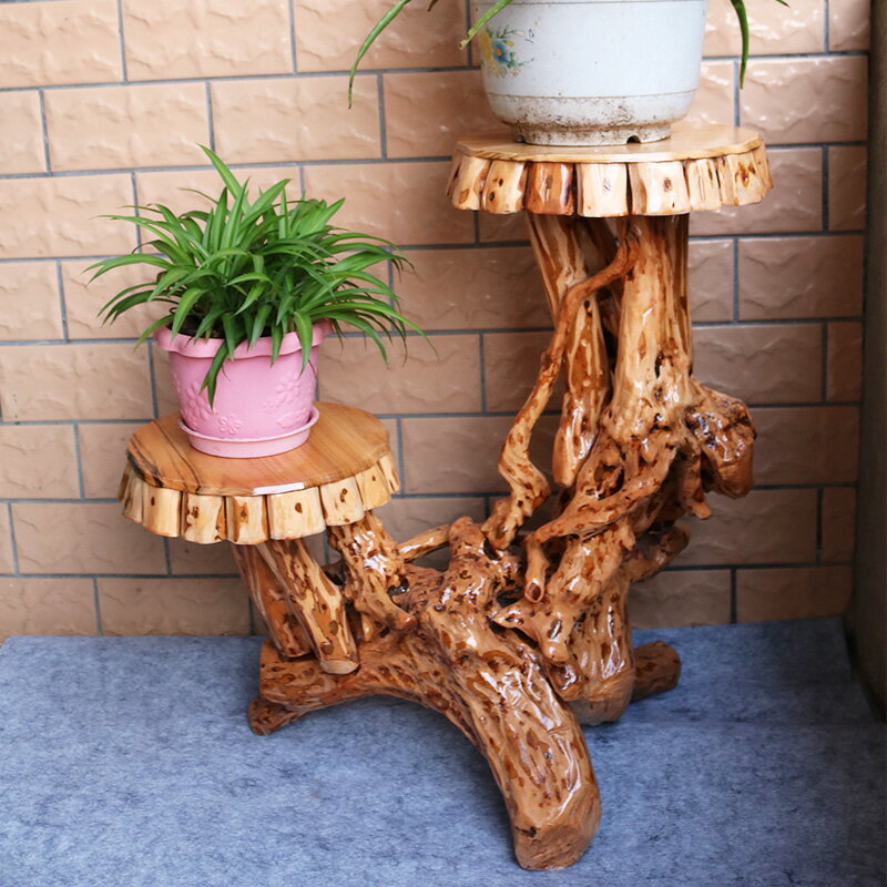 雙層杜鵑根雕花架盆景架樹根底座實木客廳花架盆景架擺件凳子