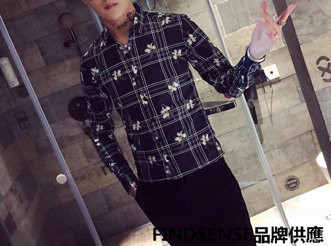 FINDSENSE品牌 秋季 新款 日本 男 高端 印花 格子商務休閒 個性花襯衣 時尚修身長袖襯衫 潮流上衣