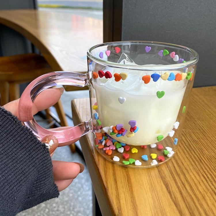 馬克杯 創意童趣雙層玻璃杯透明隔熱粉嫩少女心牛奶杯ins風把手水杯學生