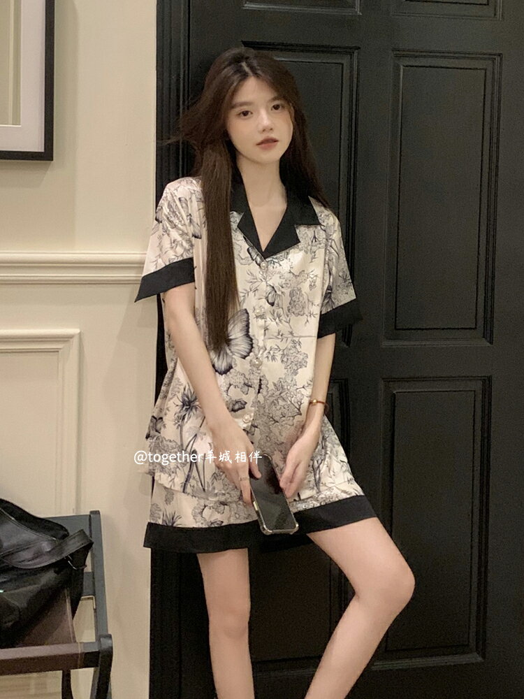 新中式高級感氣質睡衣女夏天冰絲新款套裝襯衫薄款短袖短褲家居服