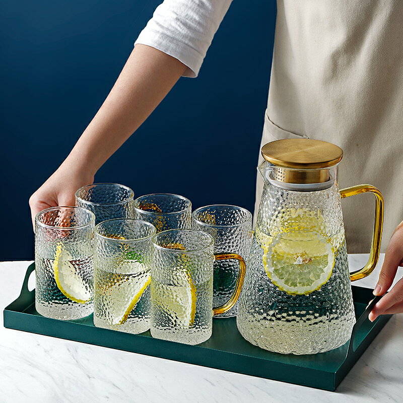 耐熱錘紋帶把手玻璃水杯套裝待客水壺家用客廳大容量茶杯彩色杯子