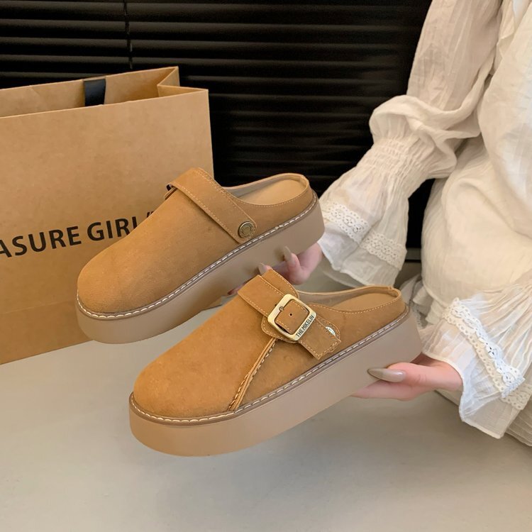 真皮厚底博肯鞋女包頭半拖鞋外穿2024新款秋季內增高女鞋博肯拖鞋