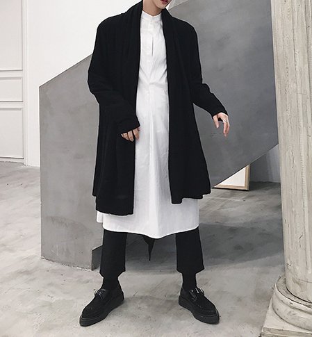 FINDSENSE G6 韓國時尚 開衫男中長款針織衫寬鬆外套暗黑色長大衣