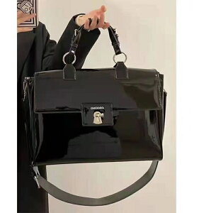 小眾設計高級感中古漆皮大容量黑色手提包文件包電腦包單肩斜跨包