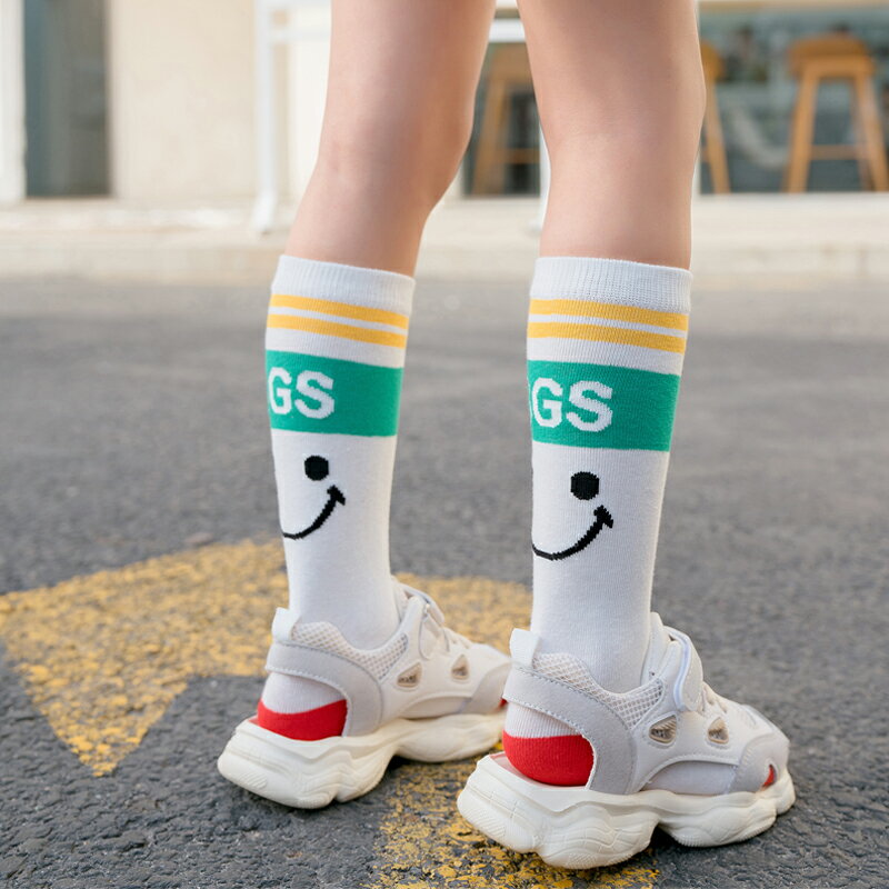 韓版兒童高筒襪子春夏薄款男童小腿襪中長筒純棉女孩條紋笑臉潮襪