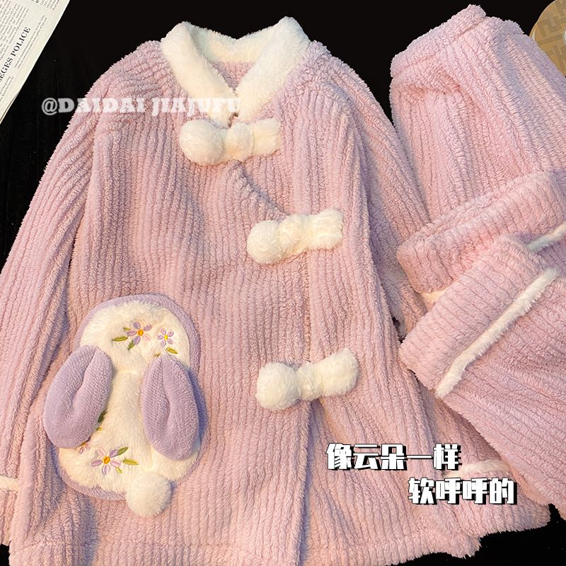 新中式珊瑚絨睡衣女秋冬季加絨加厚法蘭絨冬天外穿新款家居服