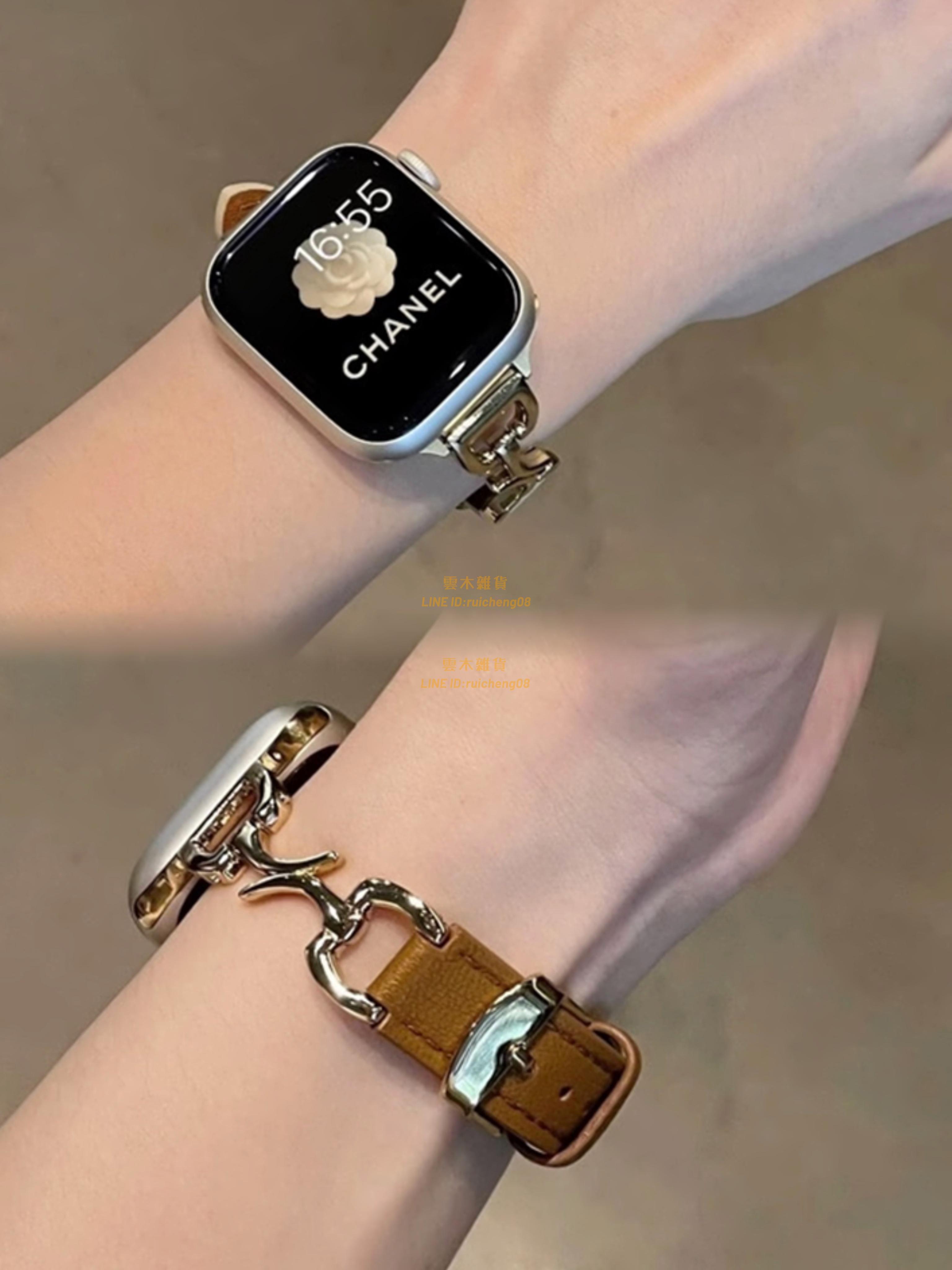 適用apple watch9真皮表帶蘋果手表iwatch8/7/6/5/se小香風高級感金屬月牙扣拼皮質表帶小眾創意秋冬細女新款【雲木雜貨】