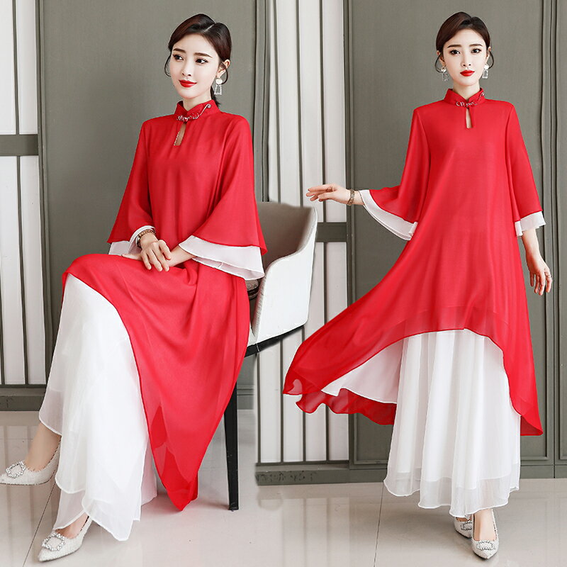 春季女裝旗袍中國風連衣裙紅色女禪服茶服仙女氣質大碼寬松褲套裝