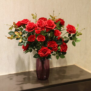 輕奢仿真玫瑰花客廳裝飾電視柜插花擺設絹花單支塑料假花花束擺件
