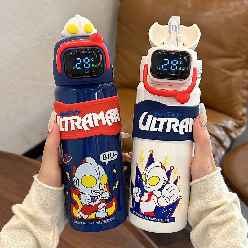 ✨買到賺到 奧特曼保溫杯 兒童上學專用杯 316不鏽鋼吸管水壺 便攜溫顯水杯子