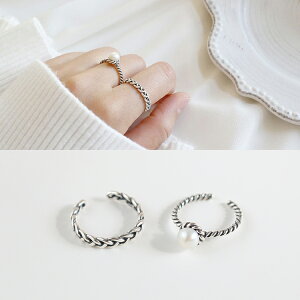 925純銀戒指女復古做舊手工泰銀編織麻花貝珠開口食指指環飾品