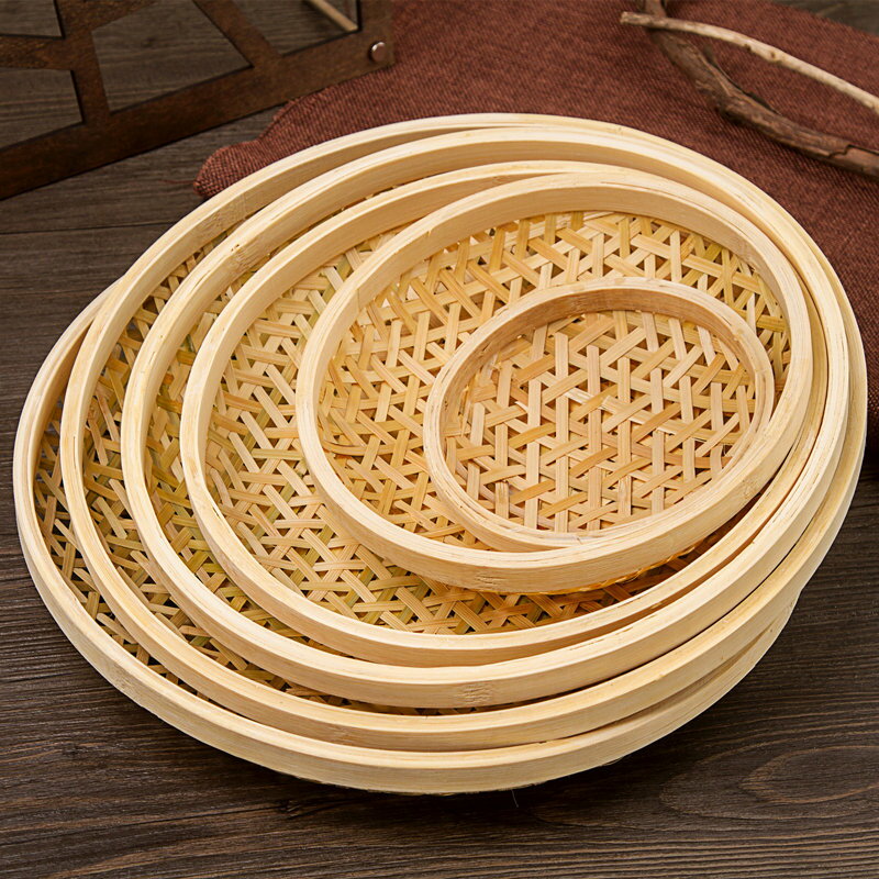 竹制品竹籃子有孔簸箕手工編織圓形托盤創意餐具竹筐農家用收納筐