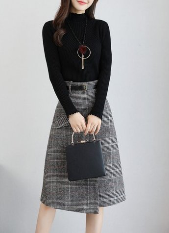 FINDSENSE品牌 秋冬季 新款 韓國 優雅 氣質黑色小高領毛衣+復古毛呢半身裙 顯瘦 兩件套 時尚 潮流套裝裙